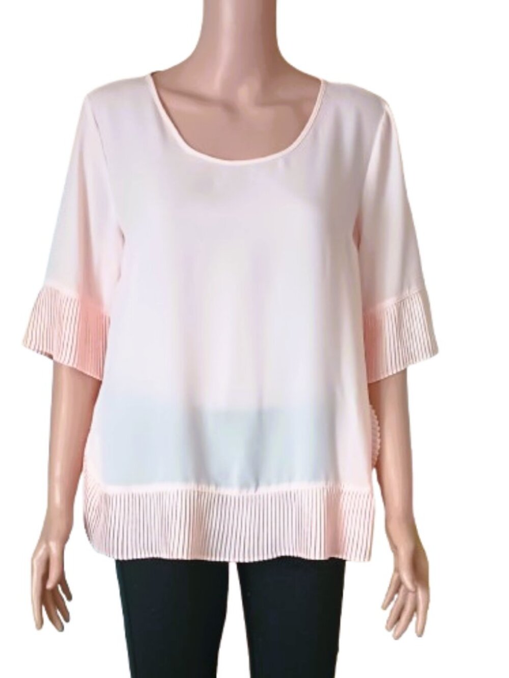 Blush Pink Sheer Pleated Top PL Accordion Sleeve & Hem Women's Blouse